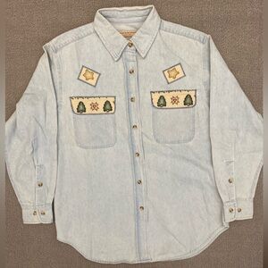 Vintage 90’s Embroidered Denim Long Sleeve Shirt- Western Christmas Cottagecore